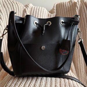 Michael Kors Greenwich Medium Bucket Bag Black Saffiano Leather Blue Interior